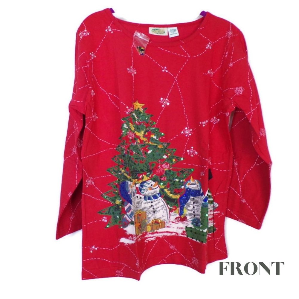 Sparkling Christmas Tree and Snowman Scene Ladies Top Size M Red 2567